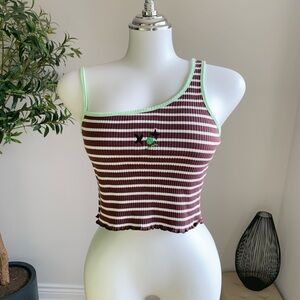 Brown Striped Asymmetrical Crop Tank S NEW
